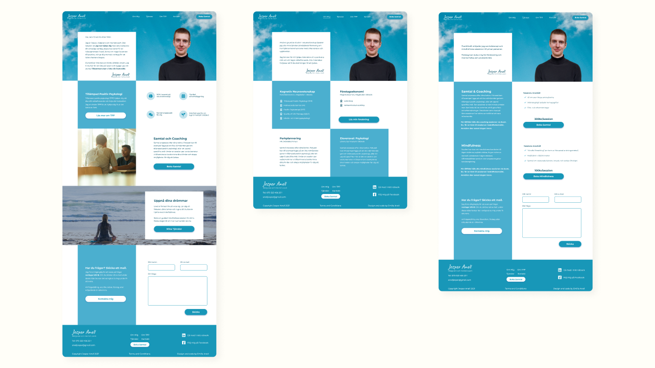 3 screens of the final design: Landing page, About, and Services.