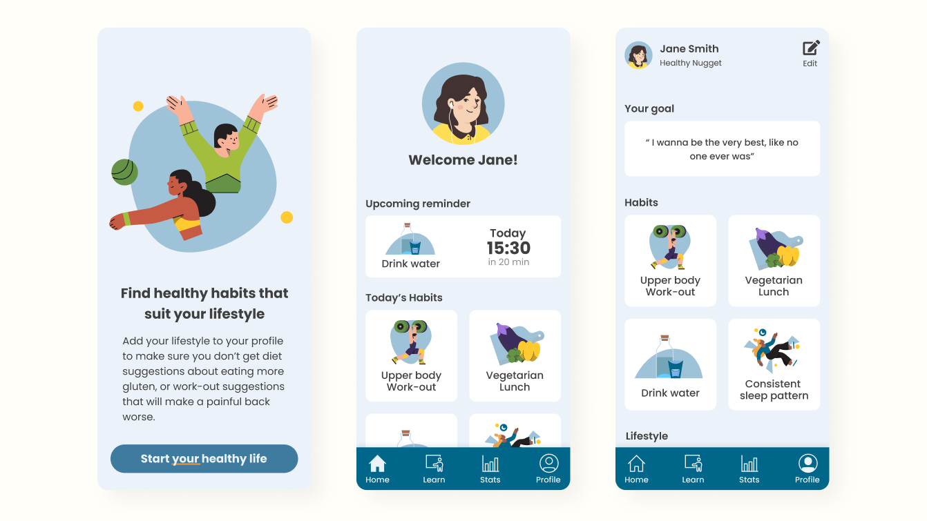 3 screens of the final design: Onboarding, home, and profile .