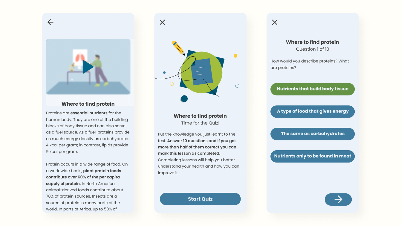 3 screens of the final design: lesson, quiz onboarding, and quiz.