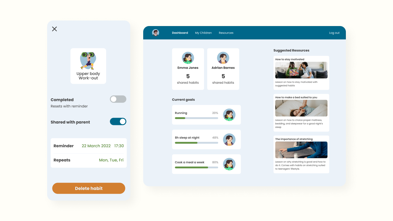 Parent portal dashboard and habit settings in app to share it with a parent.