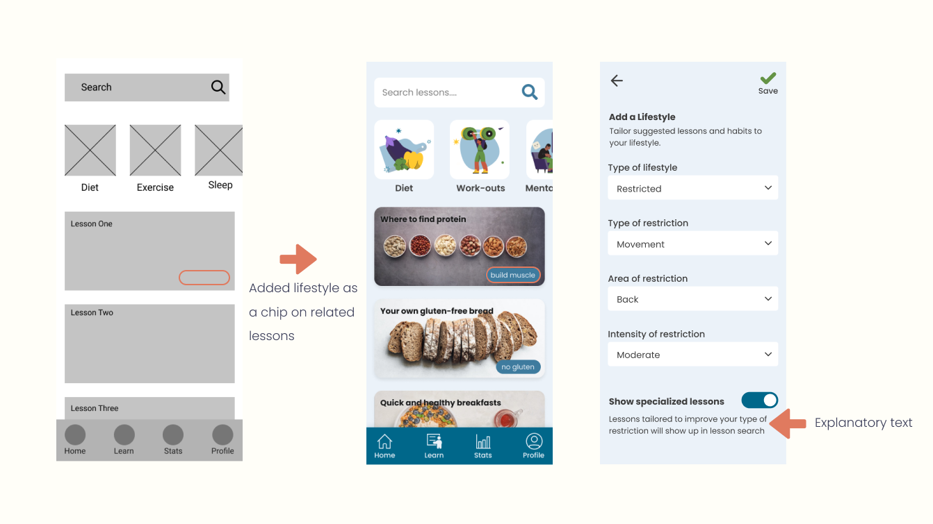 Changes made after usability study. Added a lifestyle as a chip on related lessons. Put explanatory text on the lifestyle screen to better explain its effect.