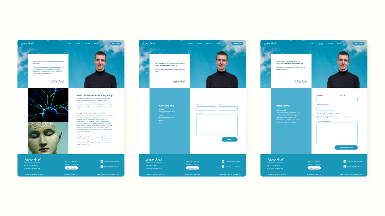 3 screens of the final design: About Tpp, contact, and book appointment.