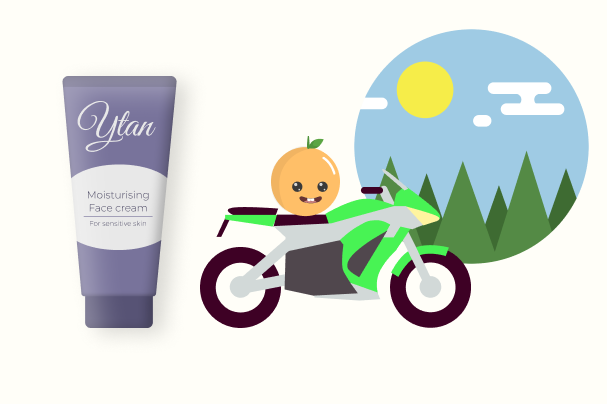 An illustrated moisture cream tube. An illustrated orange with a happy face. An illustrated sporty motorcycle. An illustrated circle containing the peaks of a pine forest with the sun in a clear blue sky.