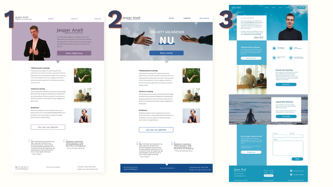 3 iterations of hi-fi mock-up design of landing page.