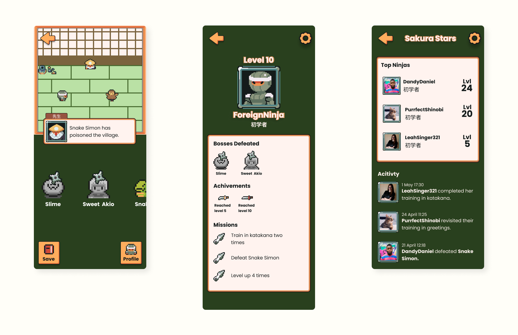 3 screens of the final design for Kotodama; Bosses, Profile, Squad.