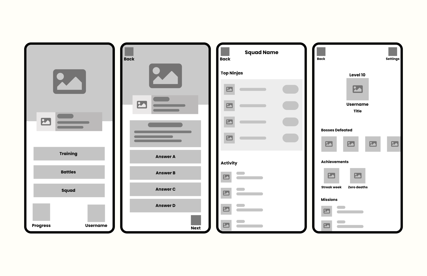 4 screens of wireframing for the Kotodama app.