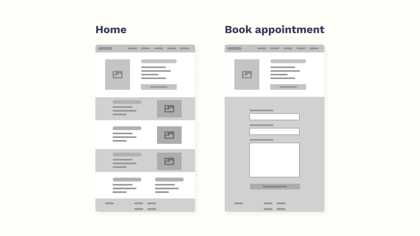 Wireframing of landing page and book appointment screen.